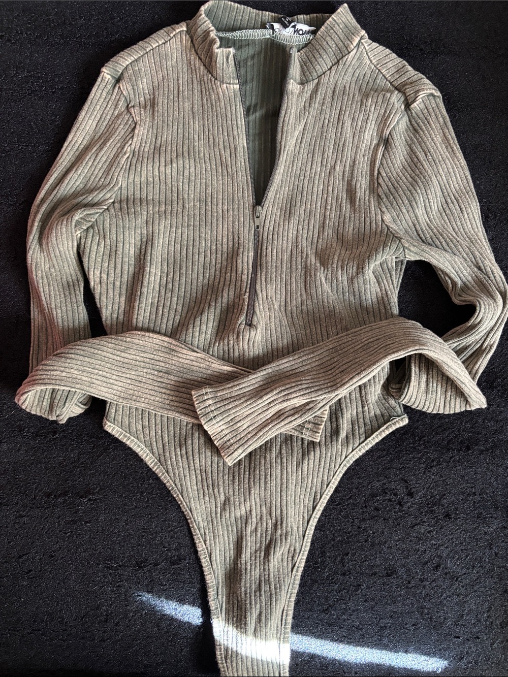 Fashion Nova Ribbed Long-Sleeve One-Piece Bodysuit in washed green